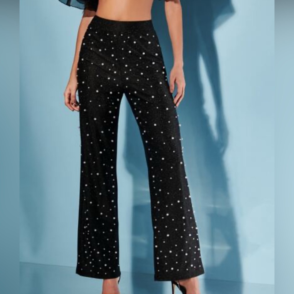 SHEIN Black Beaded Wide Leg Pants